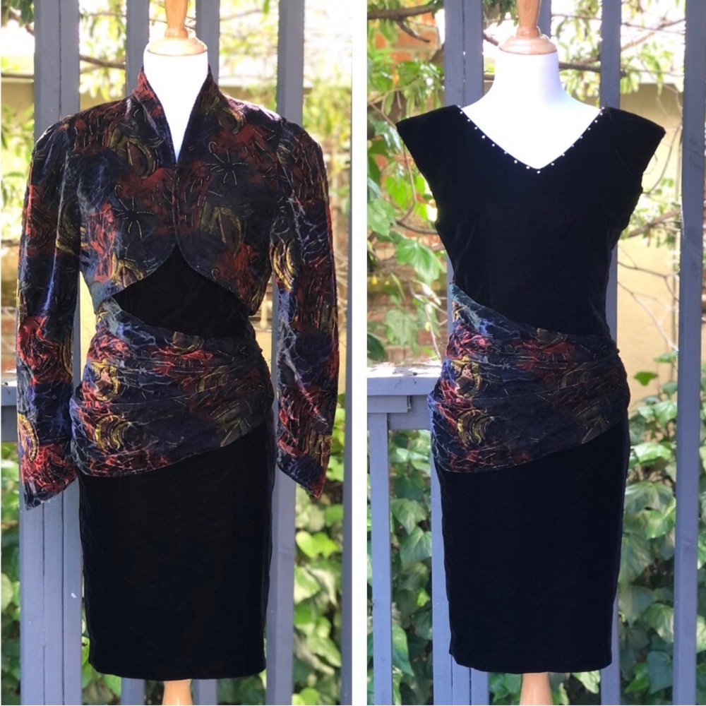 Vintage Velvel Multicolor Black Rhinestone Draped Dress & Cropped Jacket sz 2/4
